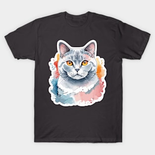 British Shorthair Cat Watercolor Drawing T-Shirt